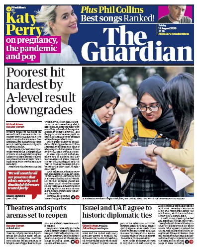 The Guardian Newspaper Front Page for 14 August 2020