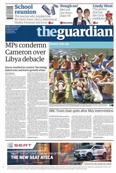 The Guardian (UK) Newspaper Front Page for 14 September 2016
