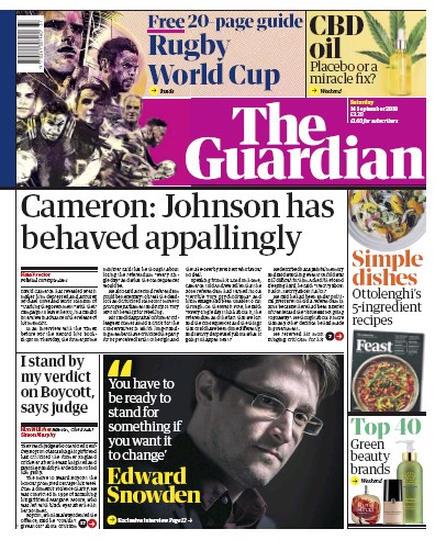 The Guardian (UK) Newspaper Front Page for 14 September 2019