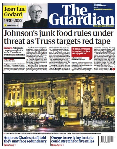 The Guardian (UK) Newspaper Front Page for 14 September 2022