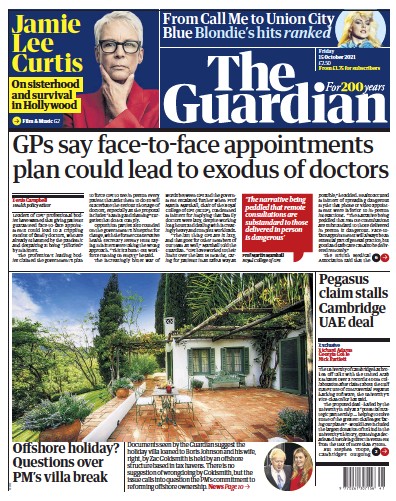The Guardian (UK) Newspaper Front Page for 15 October 2021