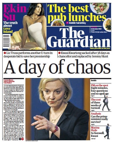 The Guardian (UK) Newspaper Front Page for 15 October 2022