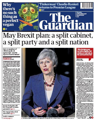 The Guardian Newspaper Front Page for 15 November 2018