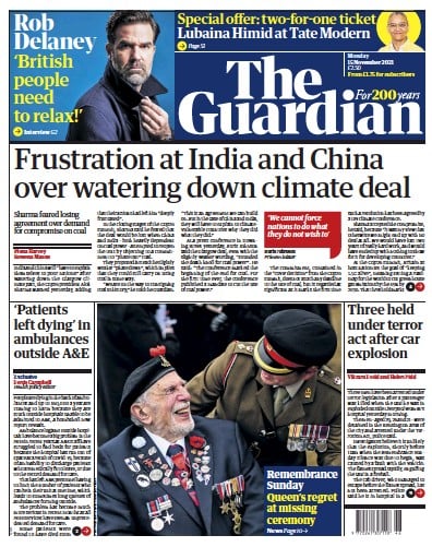 The Guardian (UK) Newspaper Front Page for 15 November 2021