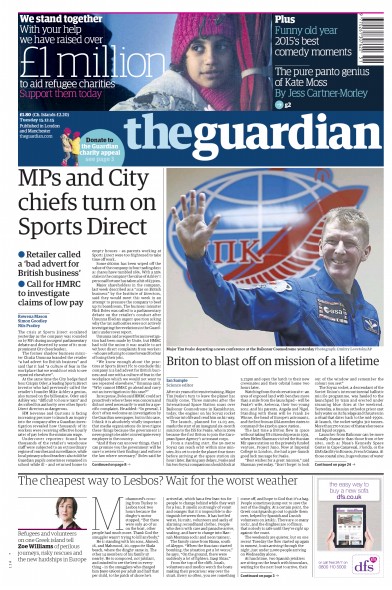 The Guardian (UK) Newspaper Front Page for 15 December 2015