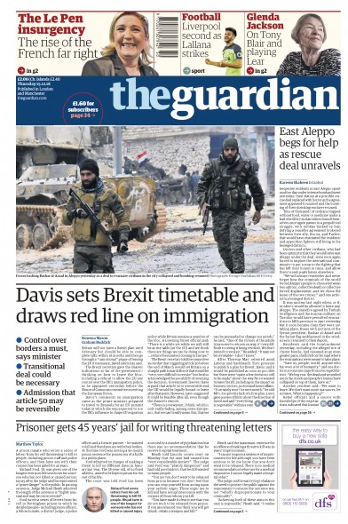 The Guardian Newspaper Front Page for 15 December 2016