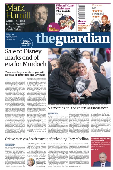The Guardian Newspaper Front Page for 15 December 2017