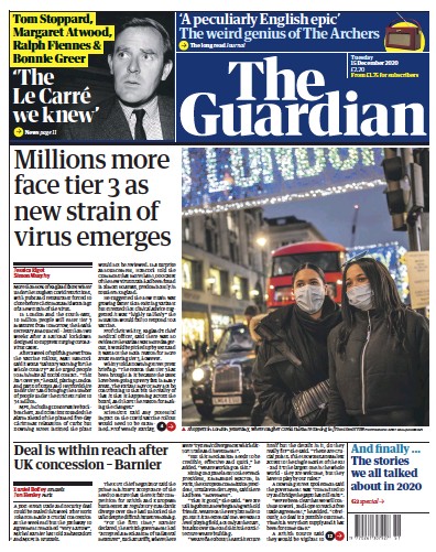 The Guardian Newspaper Front Page for 15 December 2020