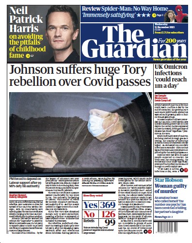 The Guardian (UK) Newspaper Front Page for 15 December 2021