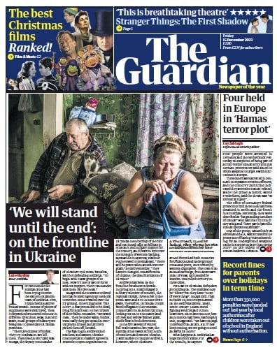 The Guardian Newspaper Front Page for 15 December 2023