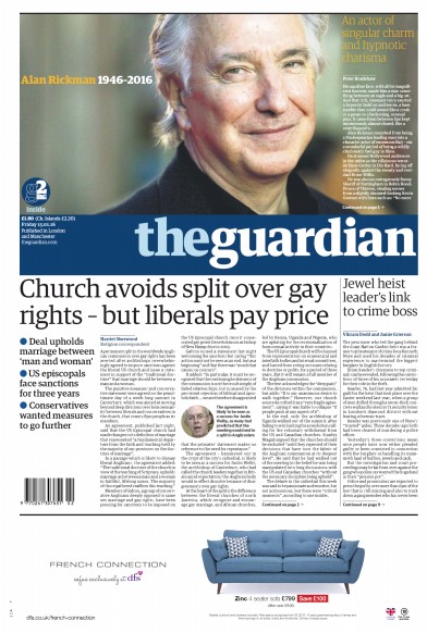 The Guardian Newspaper Front Page for 15 January 2016