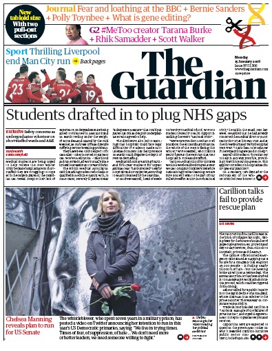 The Guardian Newspaper Front Page for 15 January 2018