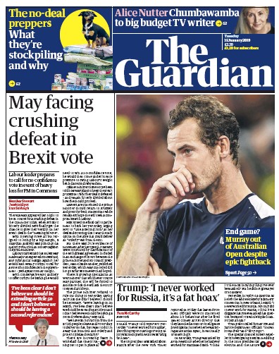 The Guardian Newspaper Front Page for 15 January 2019
