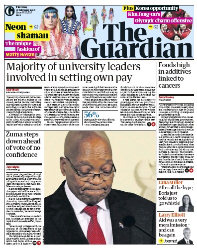 The Guardian Newspaper Front Page for 15 February 2018
