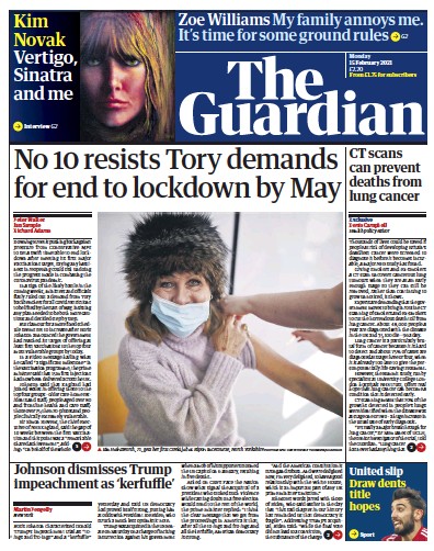 The Guardian (UK) Newspaper Front Page for 15 February 2021