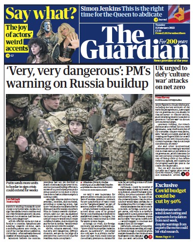 The Guardian Newspaper Front Page for 15 February 2022