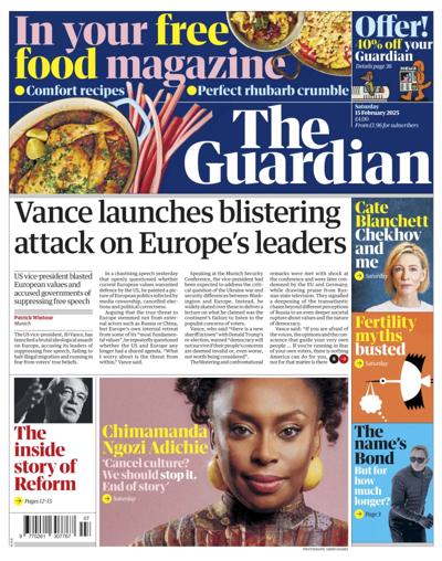 The Guardian (UK) Newspaper Front Page for 15 February 2025