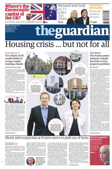 The Guardian Newspaper Front Page for 15 March 2016