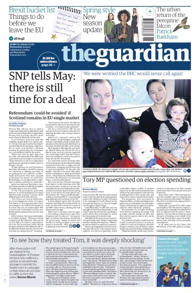 The Guardian (UK) Newspaper Front Page for 15 March 2017