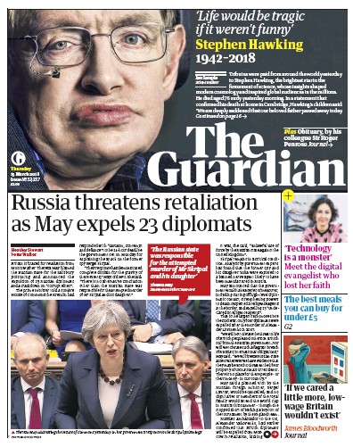 The Guardian Newspaper Front Page for 15 March 2018