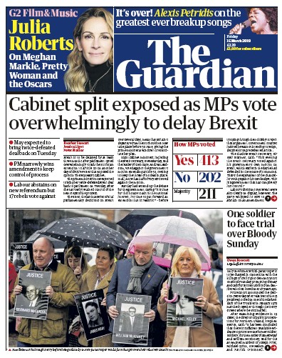The Guardian Newspaper Front Page for 15 March 2019