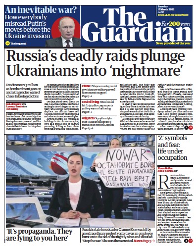 The Guardian Newspaper Front Page for 15 March 2022