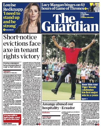 The Guardian (UK) Newspaper Front Page for 15 April 2019