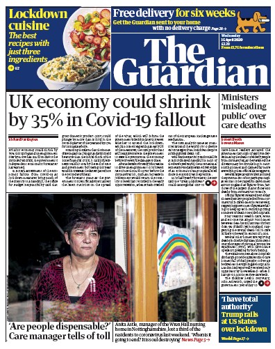 The Guardian Newspaper Front Page for 15 April 2020