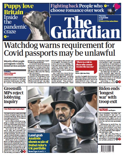 The Guardian (UK) Newspaper Front Page for 15 April 2021