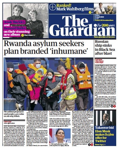 The Guardian (UK) Newspaper Front Page for 15 April 2022