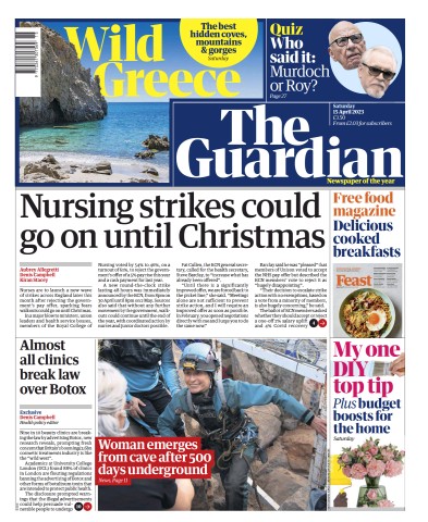 The Guardian (UK) Newspaper Front Page for 15 April 2023