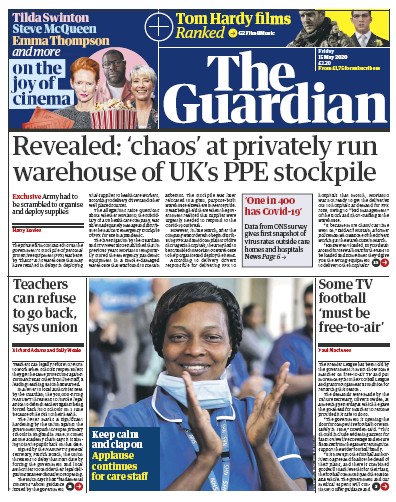 The Guardian (UK) Newspaper Front Page for 15 May 2020