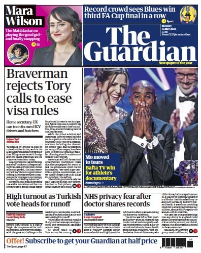 The Guardian (UK) Newspaper Front Page for 15 May 2023