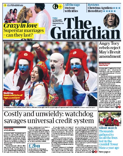 The Guardian Newspaper Front Page for 15 June 2018