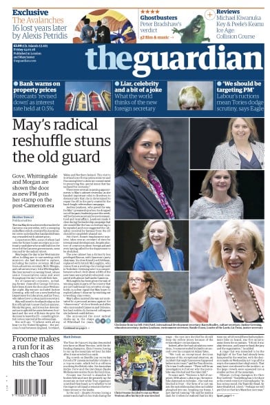 The Guardian Newspaper Front Page for 15 July 2016