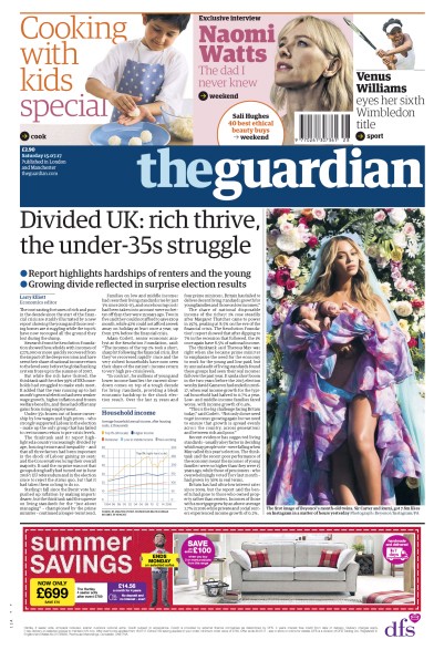 The Guardian Newspaper Front Page for 15 July 2017