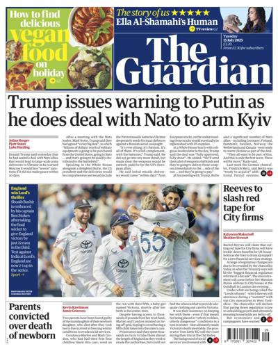 The Guardian (UK) Newspaper Front Page for 15 July 2025
