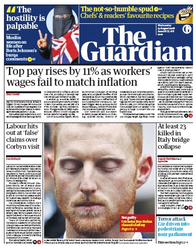 The Guardian Newspaper Front Page for 15 August 2018