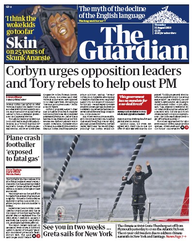 The Guardian Newspaper Front Page for 15 August 2019