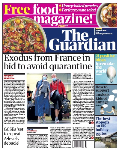 The Guardian (UK) Newspaper Front Page for 15 August 2020
