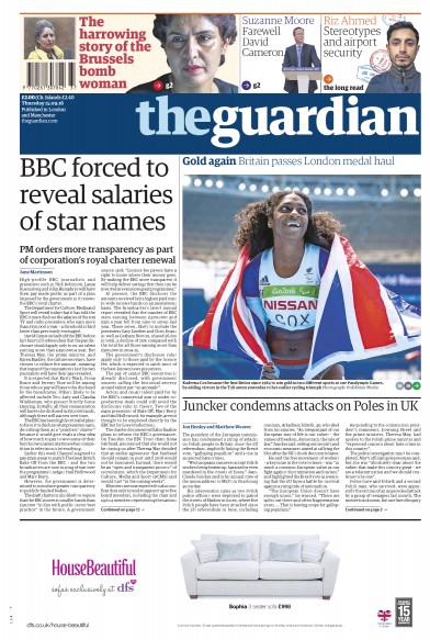 The Guardian Newspaper Front Page for 15 September 2016