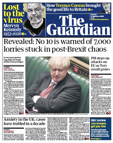 The Guardian Newspaper Front Page for 15 September 2020