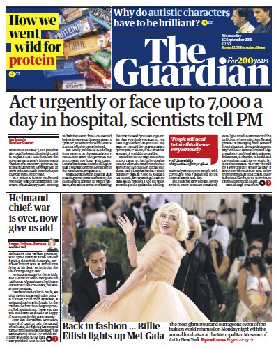 The Guardian (UK) Newspaper Front Page for 15 September 2021