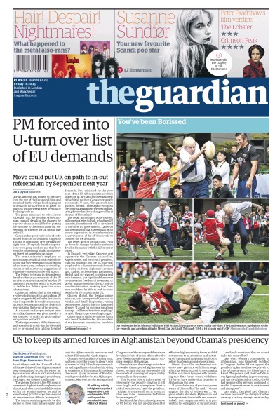 The Guardian Newspaper Front Page for 16 October 2015