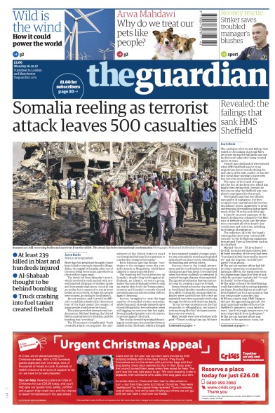 The Guardian Newspaper Front Page for 16 October 2017