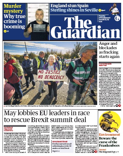 The Guardian (UK) Newspaper Front Page for 16 October 2018