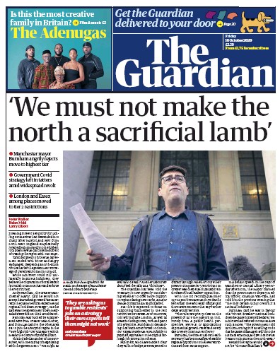 The Guardian Newspaper Front Page for 16 October 2020