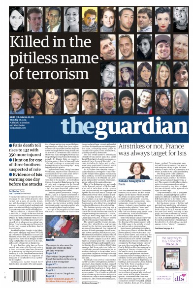 The Guardian Newspaper Front Page for 16 November 2015