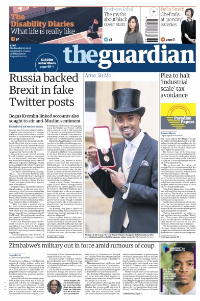 The Guardian Newspaper Front Page for 16 November 2017