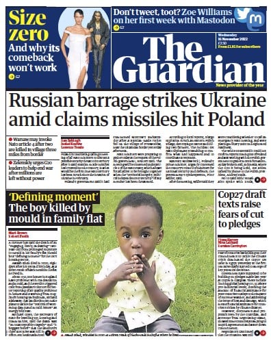 The Guardian (UK) Newspaper Front Page for 16 November 2022